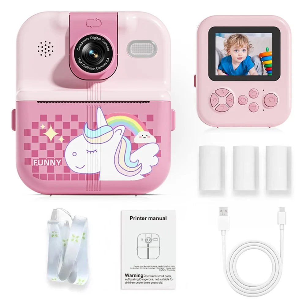 P02 2.4 Inch Instant Print Camera Cartoon Animal Pattern Flip Lens HD Camera for Kids with 32GB Card + Card Reader - Pink - 1