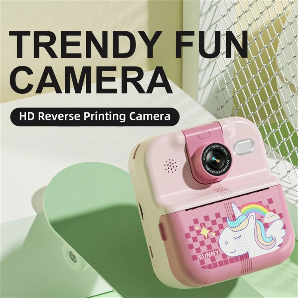 P02 2.4 Inch Instant Print Camera Cartoon Animal Pattern Flip Lens HD Camera for Kids with 32GB Card + Card Reader - Pink - 2