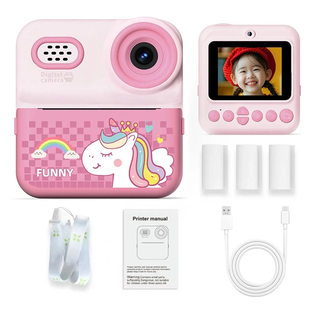 P03 Instant Print Camera for Kids Pattern Print 2.4 Inch HD 1080P Dual Camera with 32G Memory Card+Card Reader - Pink - 1