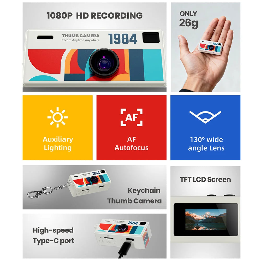 G6 0.96 Inch TFT Screen 2MP Thumb Camera with Keychain 1080P HD Mini Video Recorder for Kids Birthday Gift - Yellow - 6