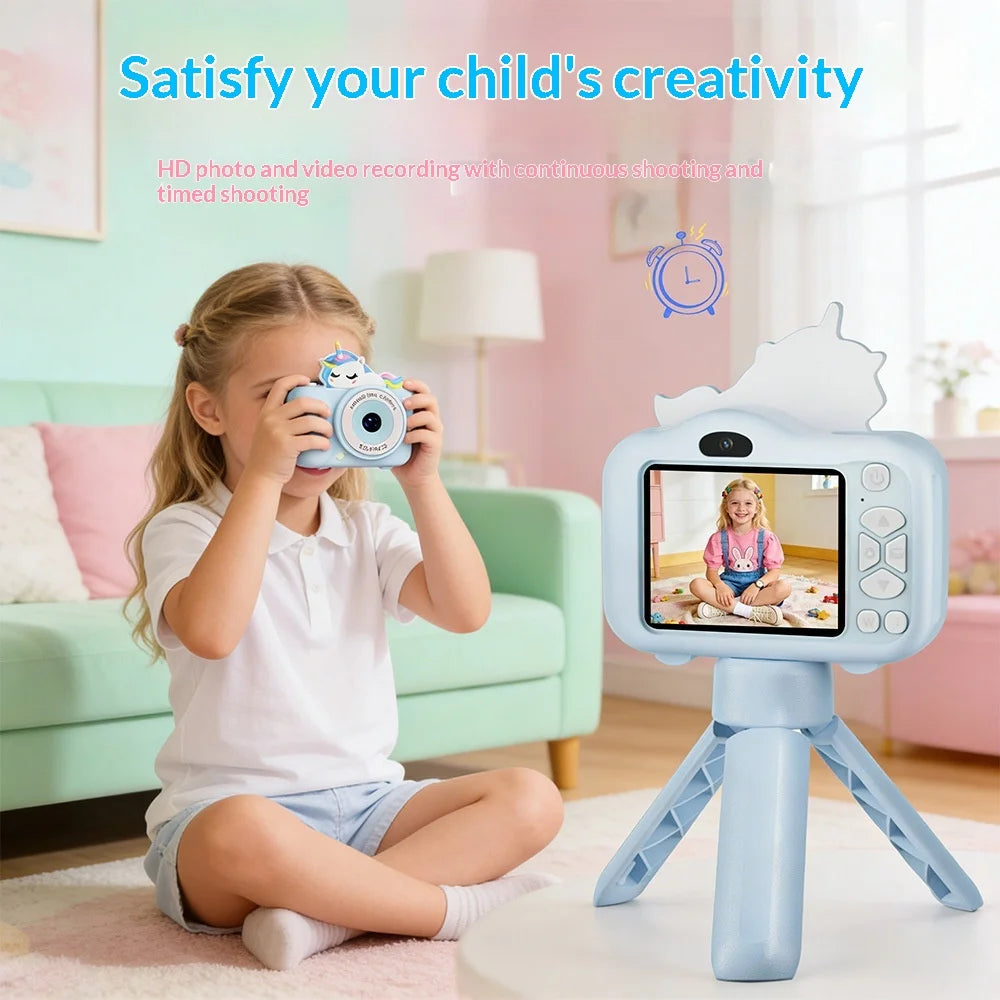S2 Kids Camera with Tripod 2.4 Inch IPS Screen Dual Lens Camera Built-in Educational Games for Children Photography - Pink Unicorn - 6