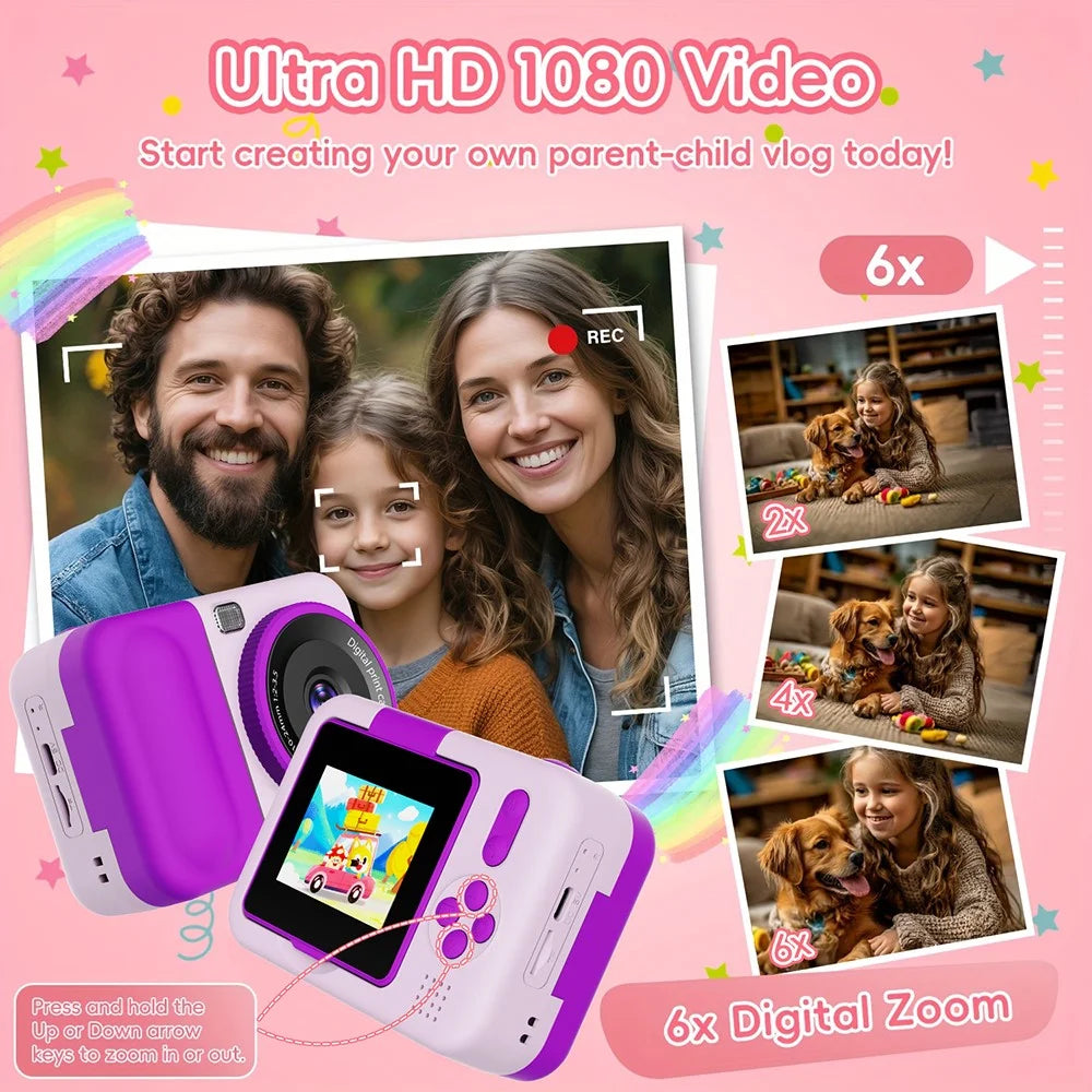 S11 Kids Instant Print Camera with 2.4 Inch Flip Screen 6X Digital Zoom 1080P Video Recorder - Pink - 7