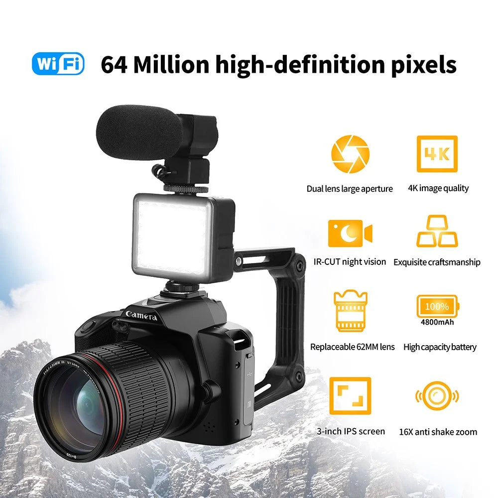 D5 HD WiFi Digital Camera with Handle Holder, 4K Dual Lens Night Vision Digital Video Camera - 2