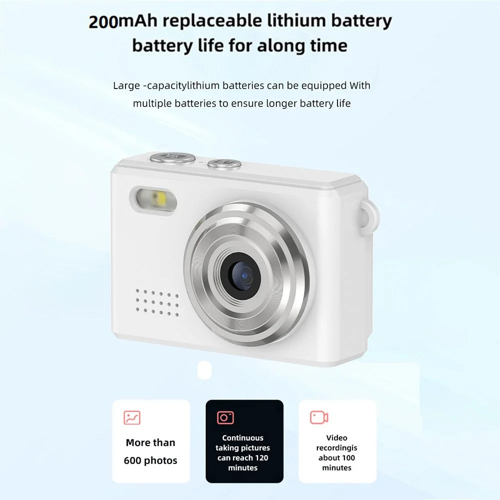 DC23 Mini Digital Camera 0.96 Inch Screen CCD HD Video Recorder for Students, with 32GB Memory Card + Card Reader - White - 2