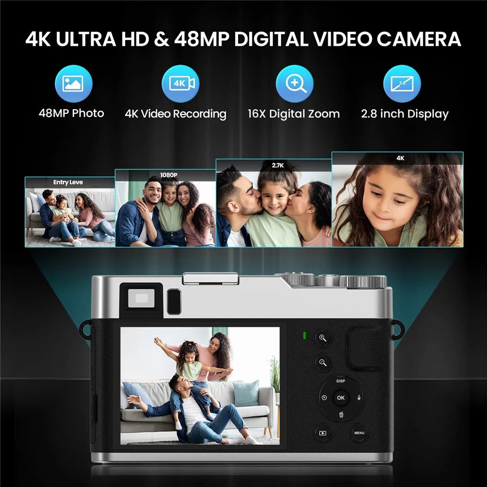 DC202L-AF Retro 4K Selfie Camera Photoflash Light Digital Camera for Kids Teens - Black - 2