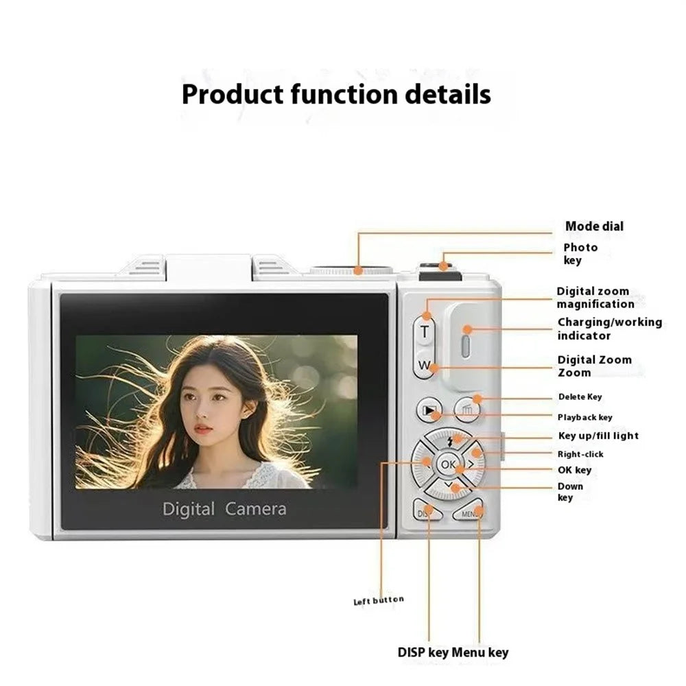 WD08 3.0 Inch HD Flip Screen Digital Camera 5K Video Recorder with 32GB Card (Dual Battery) - White - 6