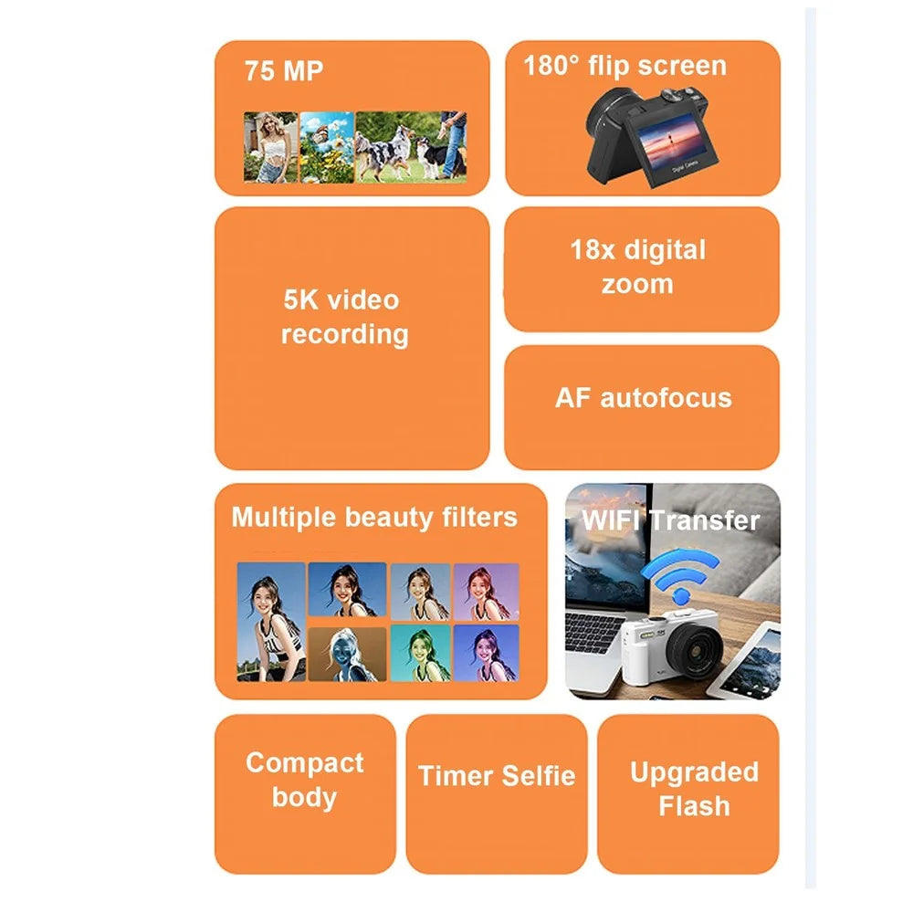 WD08-B-5K WiFi UHD Digital Camera 5K 75MP 18X Digital Zoom 3 Inch Flip Screen Camcorder with Built-In Flash - Black - 2
