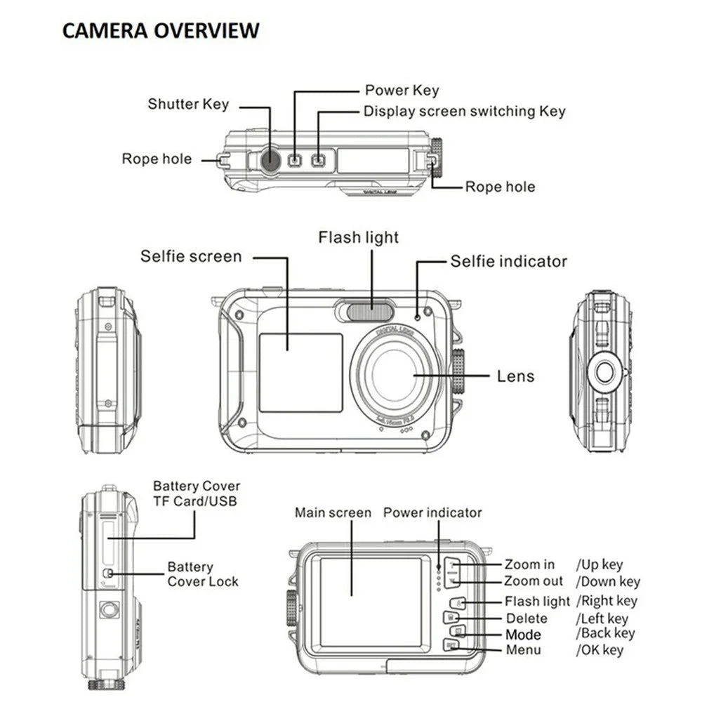 WP06 1.8 Inch Front + 2.7 Inch Rear Dual Screen 48MP 2.7K HD Digital Camera for 3m Underwater Photography, with 32GB Card - Blue - 6
