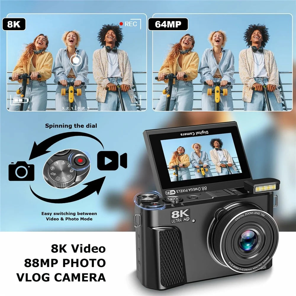 WD300-8K 88MP 8K 3 inch 180 Degree Flip Screen Digital Camera 18X Zoom WiFi Travel Camera with 32GB Card + Card Reader - Black - 3