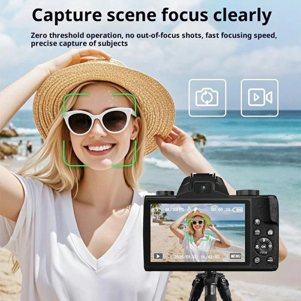 WD100-4K 4K Digital Camera 75MP 20X Optical Zoom 4.0 inch Touchscreen Mirrorless Camera High Definition - Black - 4