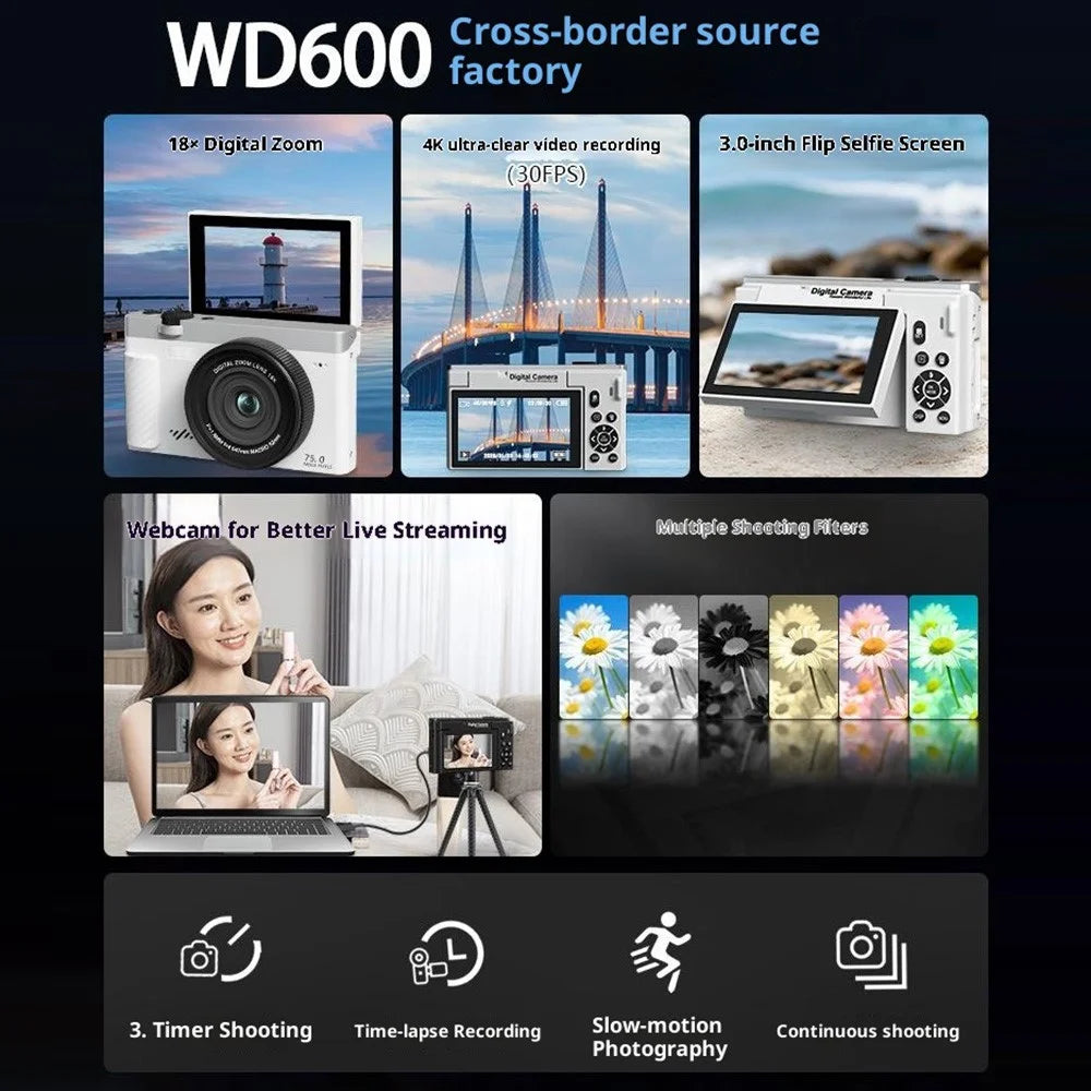 WD600-4K 75MP 4K Digital Camera 18X Zoom WiFi Travel Camera 3 inch 180 Degree Flip Screen with 31 Different Filters - Black - 6