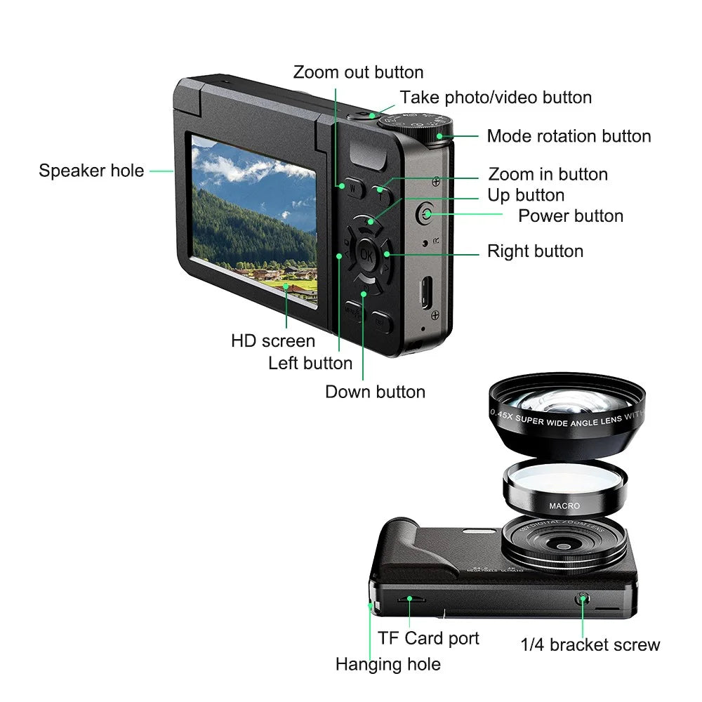 A65 3.0 inch 18X Digital Zoom Flip Screen Mirrorless Camera 20MP Student CCD Digital Camera with 32GB Card  /  Card Reader, without External Lens - Black - 3