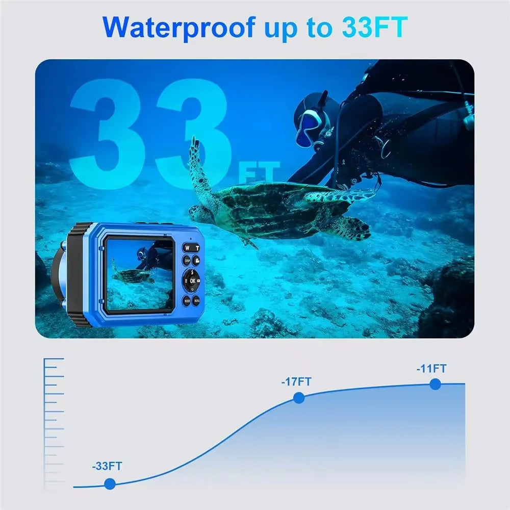VP006 33ft Waterproof Camera with 2 Batteries 4K UHD 56MP 2.8 + 1.4 Inch Dual Screen Underwater Digital Camera - Blue - 2