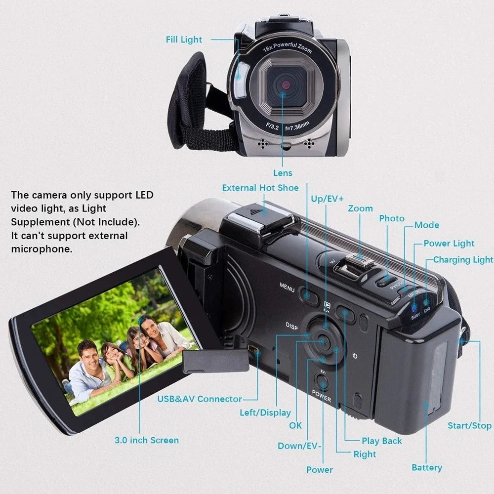 HDV-604S Digital Video Camera with 2 Batteries 3.0 Inch 270 Degree Rotating Screen 16X Zoom 1080P Camcorder - Black - 5