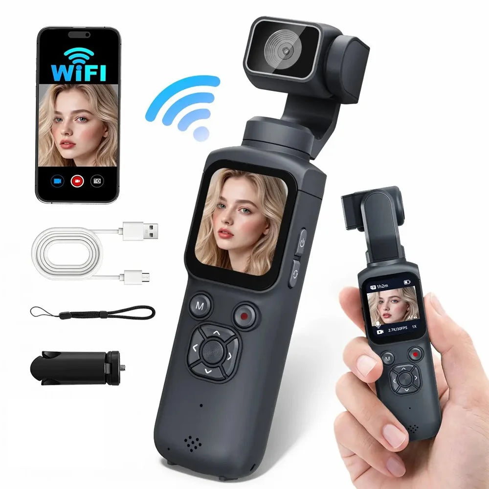 HJD-05 4K Vlog Camera with 3-Axis Gimbal Stabilizer AI Face Tracking Dual Lens 1.72 Inch Touch Screen WiFi Action Camera - Black - 1