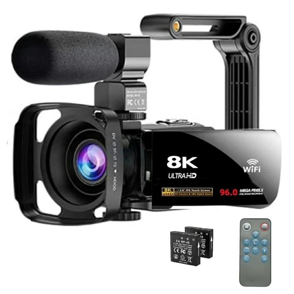 DV09 8K Digital Video Camera with External Microphone Lens Hood Handle Accessories 96MP 3.0 Inch Touch Screen 18X Zoom Camcorder - Black - 1