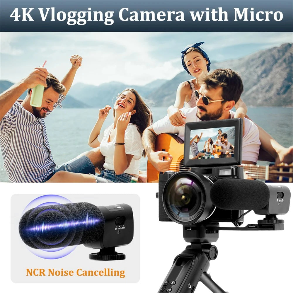 V01 4K Vlogging Camera with 1 Battery 3.0 Inch Flip Screen Digital Camera with Microphone + Tripod - Black - 2