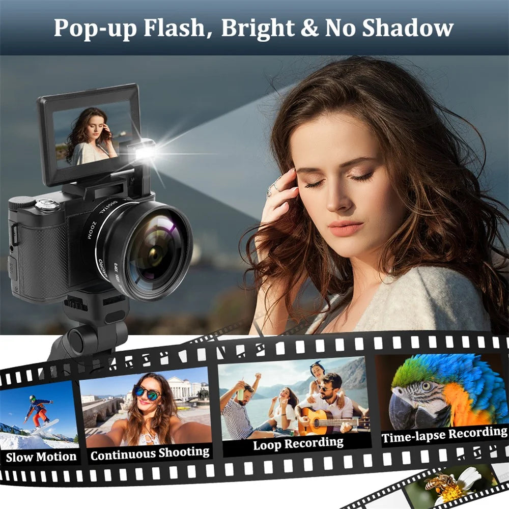 V01 4K Vlogging Camera with 1 Battery 3.0 Inch Flip Screen Digital Camera with Microphone + Tripod - Black - 6
