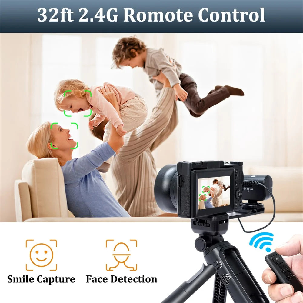 V01 4K Vlogging Camera with 2 Batteries 3.0 Inch Flip Screen Digital Camera with Microphone + Tripod - Black - 4