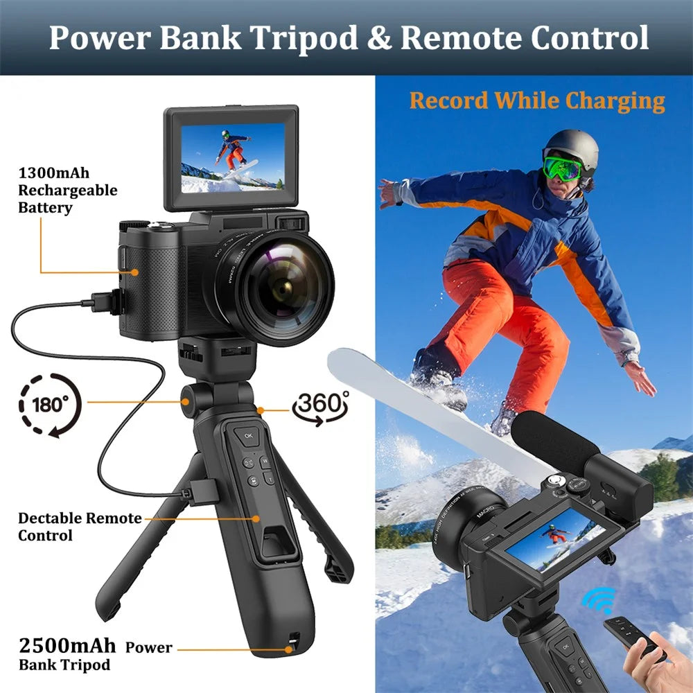 V01 4K Vlogging Camera with 2 Batteries 3.0 Inch Flip Screen Digital Camera with Microphone + Tripod - Black - 5