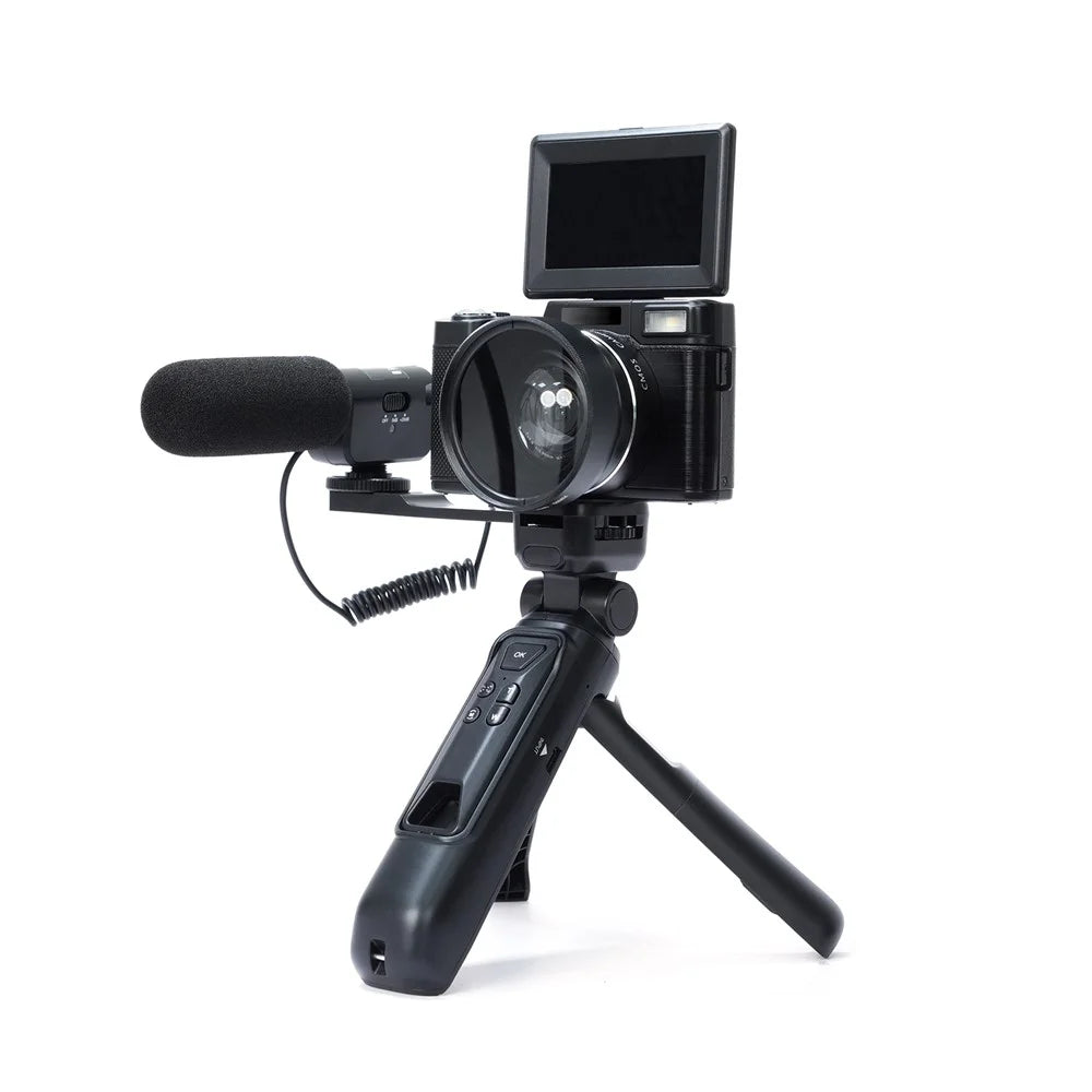 V01 4K Vlogging Camera with 2 Batteries 3.0 Inch Flip Screen Digital Camera with Microphone + Tripod - Black - 7