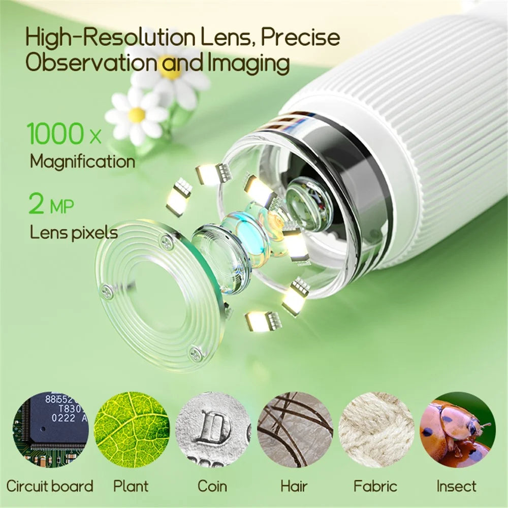 Mini Microscope for Kids Digital Microscope 1000X Zoom 2MP Camera with 8 LED Lights - White - 7