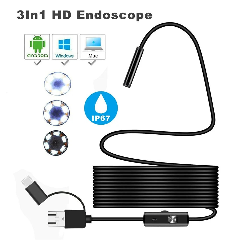 Y1002 3.5m Hard Wire 5.5mm Camera Lens Inspection Endoscope Type-C+USB+Android Phone Borescope - 3