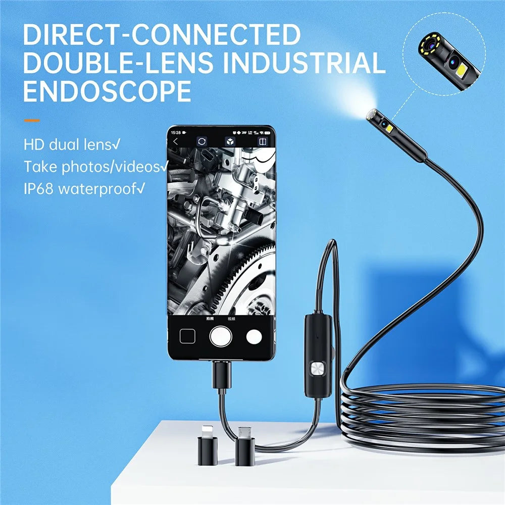AN112 1m Hard Wire 8mm Dual Lens HD Endoscope Type-C Phone Industrial Inspection Camera (With 8Pin + Micro Adapter) - 2