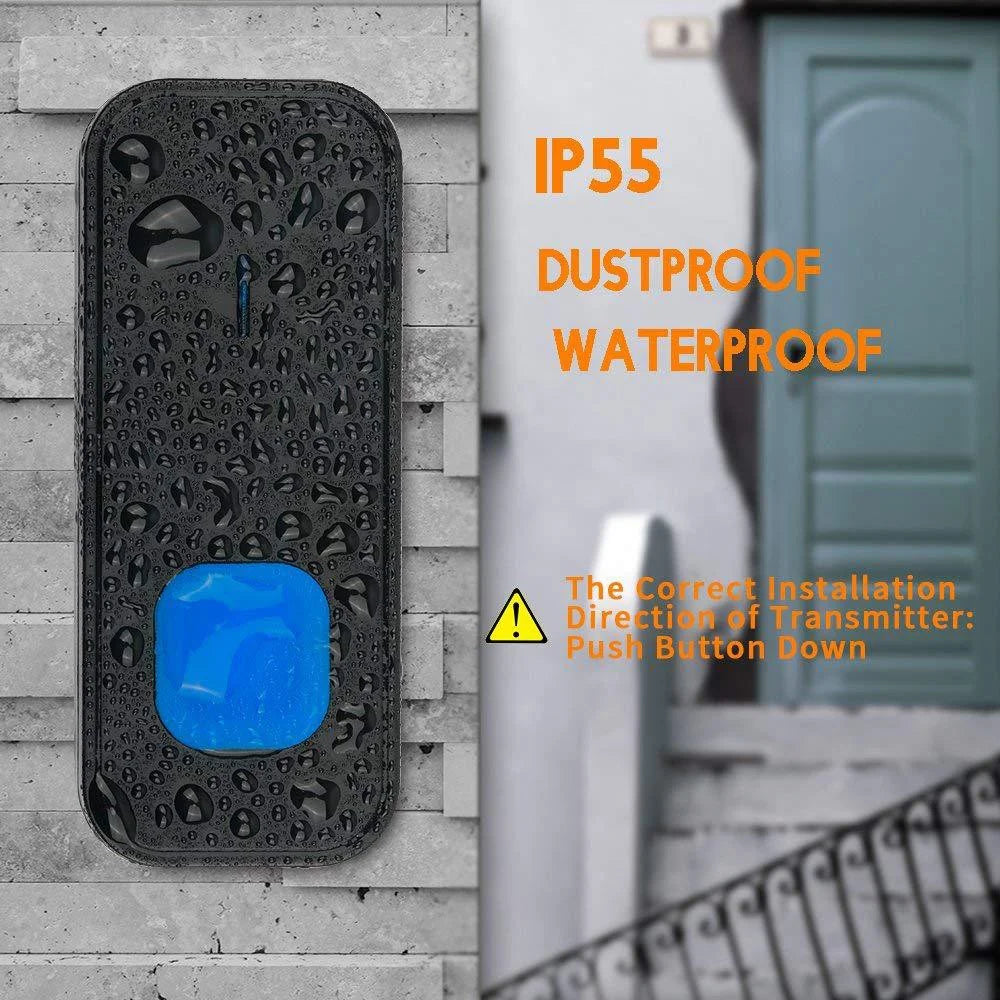 N20K-1T1 Waterproof LED Light Doorbell 55 Ringtones Wireless Home Door Bell, 1 Transmitter+1 Receiver - US Plug / Black - 2