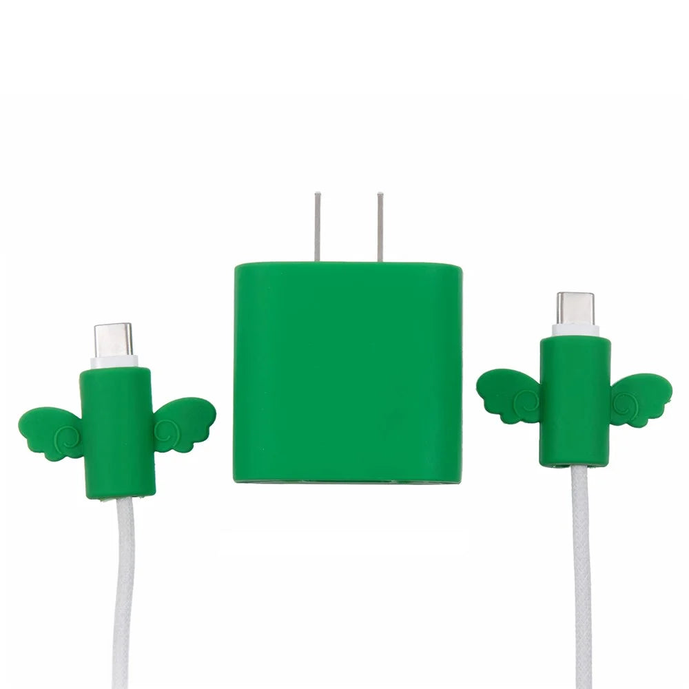 Solid Color Wings Protective Sleeve for Apple iPhone 18 / 20W Charger Cover + 2Pcs Data Cable Saver Silicone Case - Green - 1