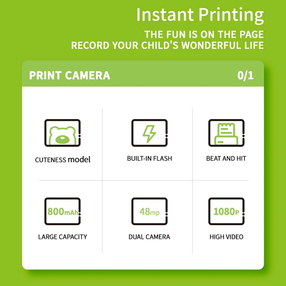 K64 Cute Dual Lens Kids HD Camera Instant Printing Thermal Photo Printer with 32G TF Card + Card Reader - Green - 3