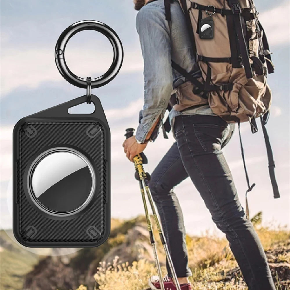 For Apple AirTag Case Locator Tracker IP68 Waterproof TPU+PC Cover Keyring Holder - Black / Carbon Fiber - 5