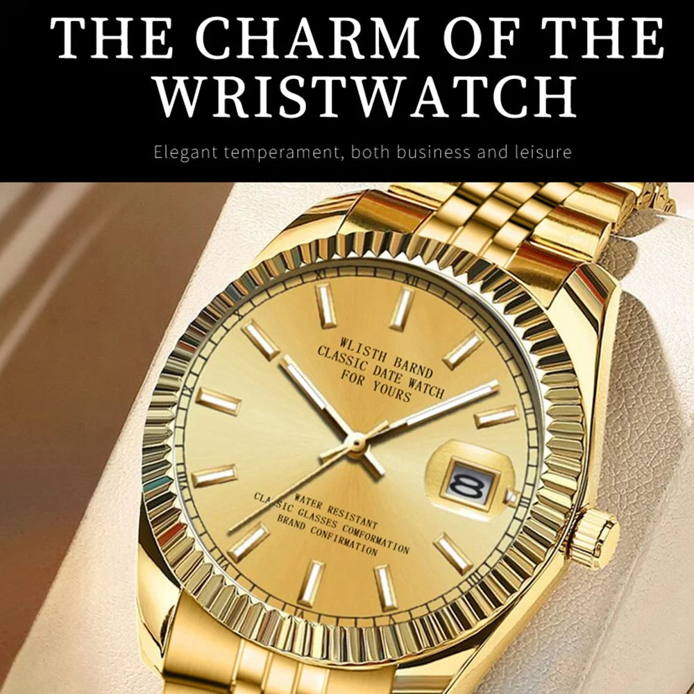 WLISTH 6156 Steel Strap Men Quartz Watch Waterproof Luminous Calendar Wrist Watch - Black Dial - 2