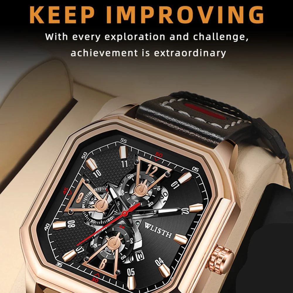WLISTH 6146 Stylish Men Calendar Quartz Watch Square Luminous Wrist Watch - Rose Gold Scale / Rose Gold Case / Leather Strap - 2