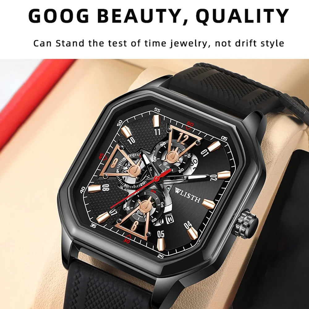 WLISTH 6146 Stylish Men Calendar Quartz Watch Square Luminous Wrist Watch - Rose Gold Scale / Rose Gold Case / Leather Strap - 6
