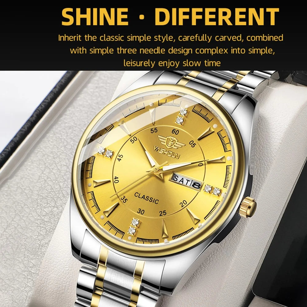 YASHIDUN 5069 Steel Strap Stylish Quartz Watch Men Luminous Calendar Wrist Watch - Gold Dial - 2