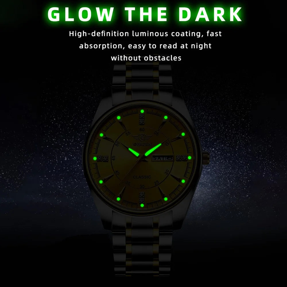 YASHIDUN 5069 Steel Strap Stylish Quartz Watch Men Luminous Calendar Wrist Watch - Gold Dial - 7