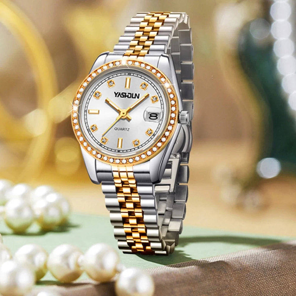 YASHIDUN 5068 Stylish Women Quartz Watch Steel Strap Rhinestone Decor Luminous Watch - White Dial - 2