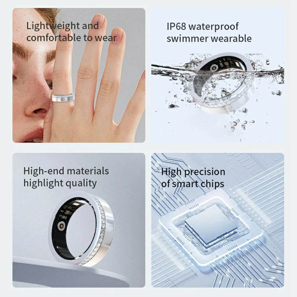 V8 Rhinestone Decor Sleep Heart Rate Health Monitoring Smart Ring, Magnetic Cable Charging - Silver / Size 7 - 2