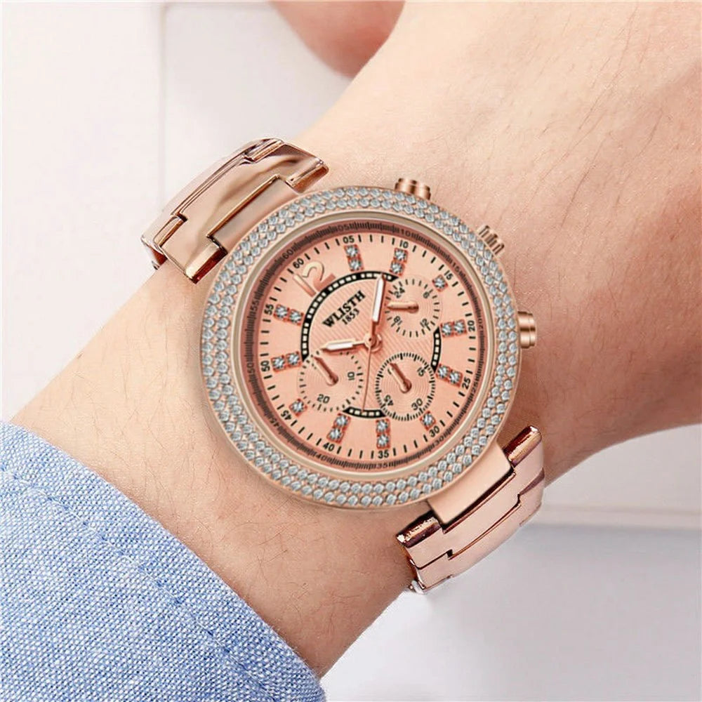WLISTH 6197 Rhinestone Decor Women Quartz Watch Luminous Round Wrist Watch - Rose Gold Dial - 6