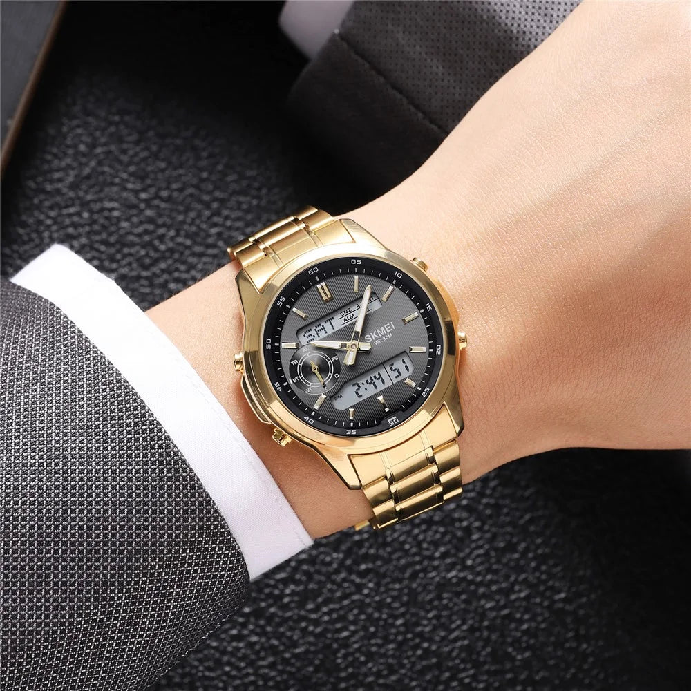 SKMEI 2284 Luxury Business Men Watch Dual Display Steel Band Quartz Wristwatch with LED Backlight - Gold Splicing - 6