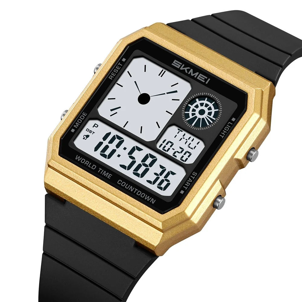 SKMEI 2347 Square Electronic Watch for Men Multifunction Sports Student Wristwatch with EL Backlit - Gold+Black - 2