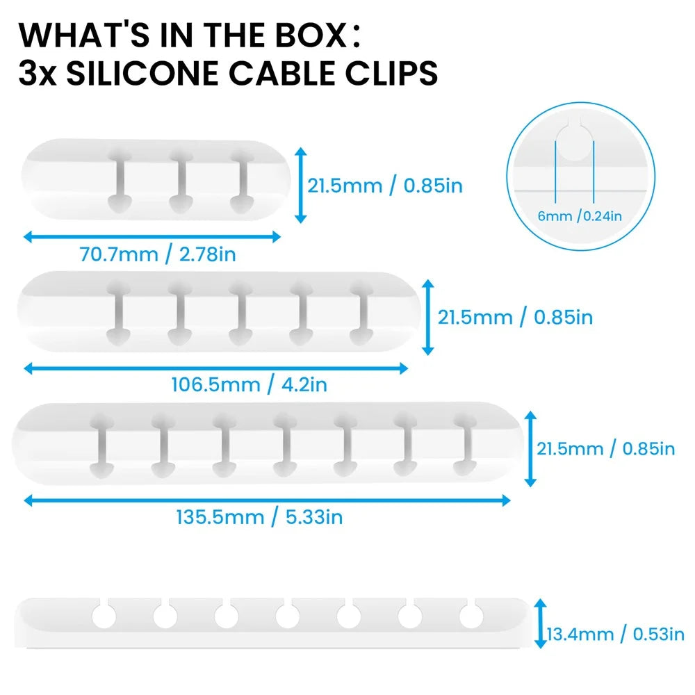AHASTYLE WG144 3Pcs Silicone Cable Clip Organizer 3 / 5 / 7 Hole Set Wire Management System - White - 7