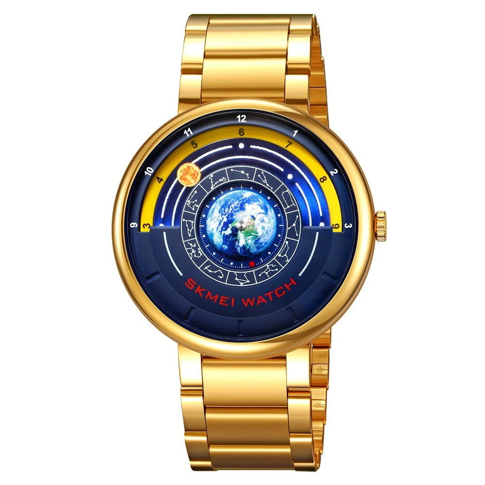 SKMEI 2361 Creative Planet Pattern Quartz Watch 30m Waterproof Steel Band Round Dial Wristwatch - Gold - 1