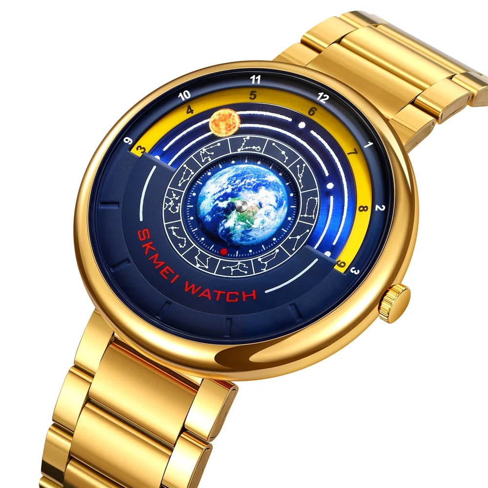SKMEI 2361 Creative Planet Pattern Quartz Watch 30m Waterproof Steel Band Round Dial Wristwatch - Gold - 2
