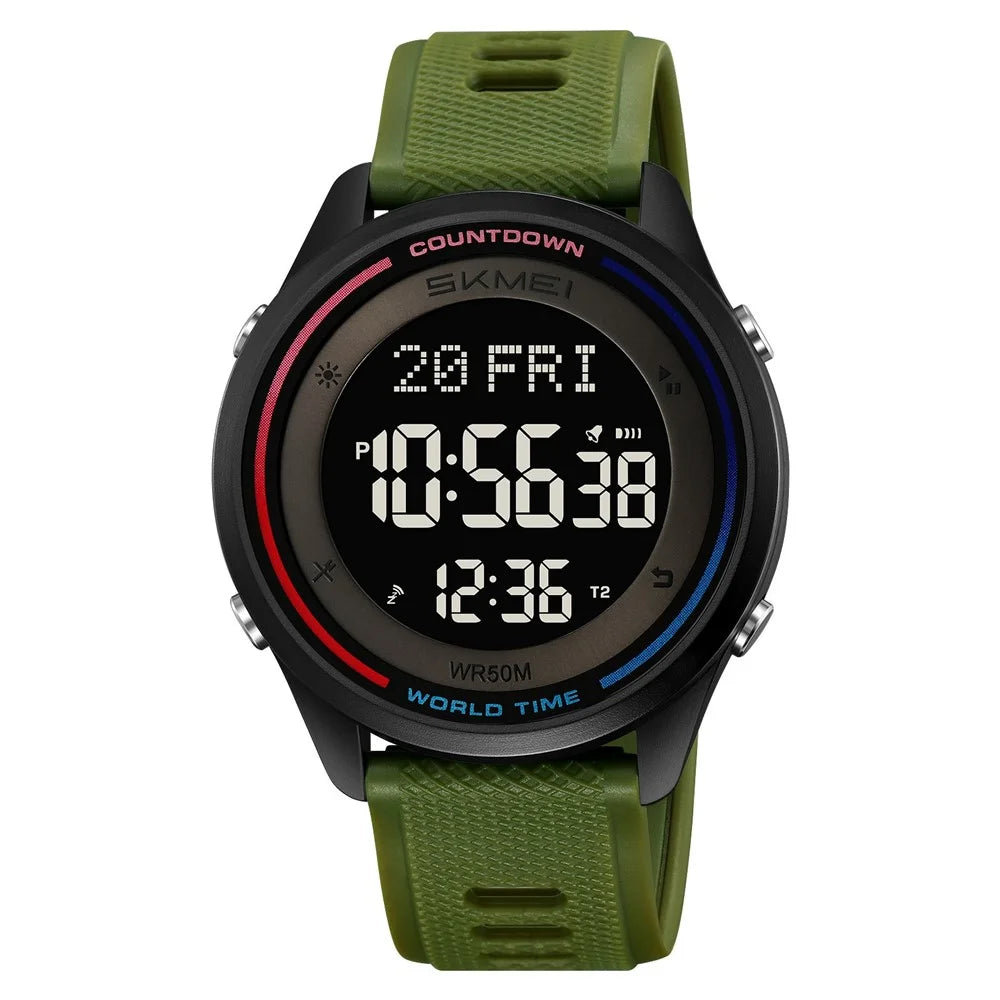 SKMEI 2348 Digital Watch for Students World Time Stopwatch Countdown Timer Outdoor Electronic Wristwatch - Army Green - 1