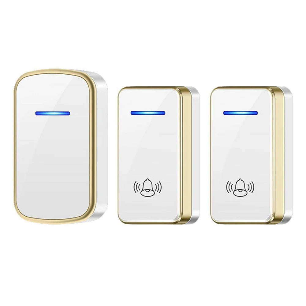 W906 300m Range Wireless Doorbell 60 Ringtones 5 Volume Levels Door Chime Kit, 1 Transmitter + 2 Receivers - White+Gold - 1
