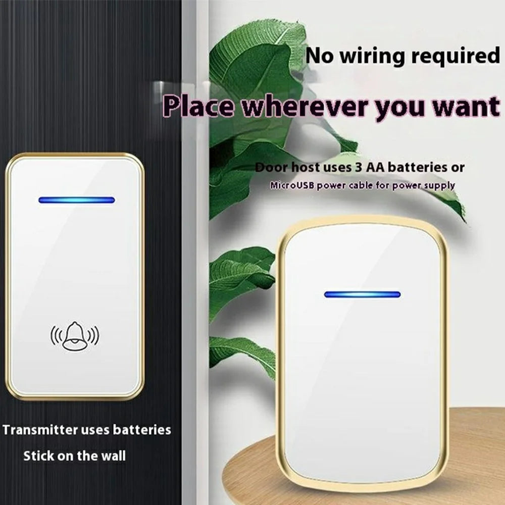 W906 300m Range Wireless Doorbell 60 Ringtones 5 Volume Levels Door Chime Kit, 1 Transmitter + 2 Receivers - White+Gold - 2