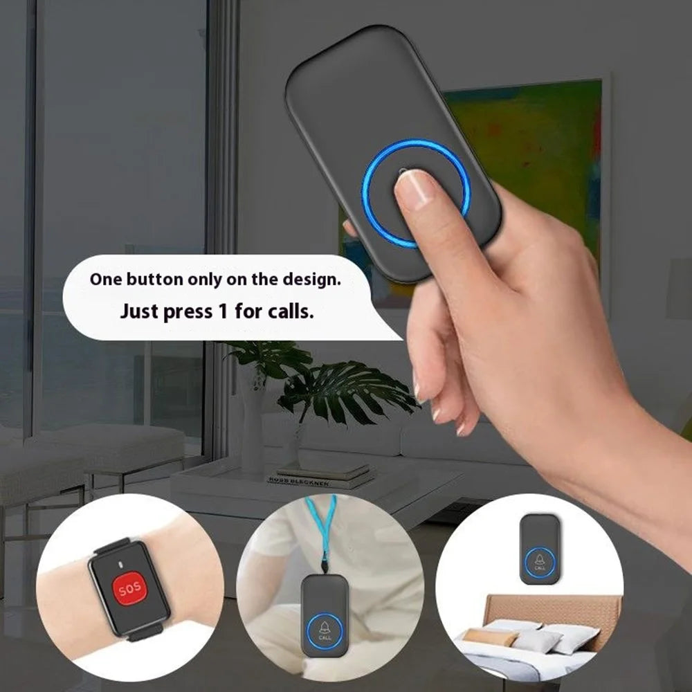A18 For Elderly SOS Emergency Call Button 60 Melodies Adjustable Volume 300m Wireless Alarm System, 1 Lanyard Button + 1 EU Plug Receiver - Black+Gold - 2