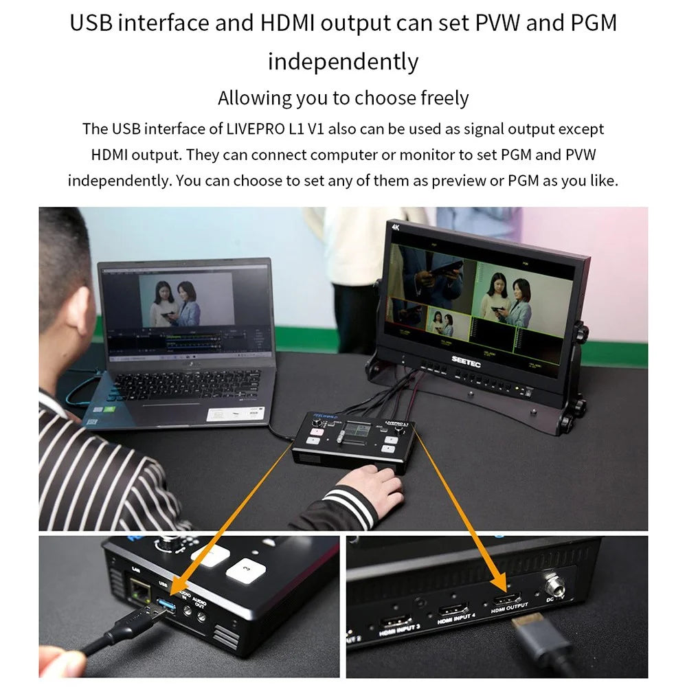 FEELWORLD LIVEPRO L1 V1 USB 3.0 Multi-Camera Live Streaming Video Switcher with 2-Inch TFT Screen, 4 HD Inputs, and APP Control - US Plug - 5